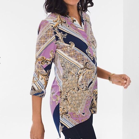 Chico’s Women’s Printed Crisscross Hem Tunic‎ in Purple and Yellow Size Medium 8 - Picture 1 of 11